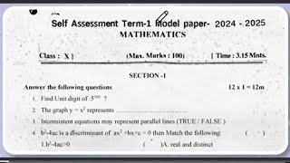 Ap 10th class Maths SA1💯imp paper 202425 10th class Self Assessment Term1 Model paper Maths 2024 [upl. by Eniamert]