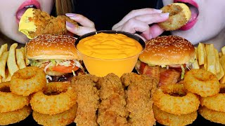 ASMR CHEESY FRIED FOOD FEAST GIANT CRUNCHY ONION RINGS FRIED CHICKEN BACON CHEESEBURGERS FRIES [upl. by Hobard]