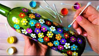 SUPER EASY Qtip Bottle Painting Rainbow Dot Flowers  How To with Lydia May [upl. by Edia]