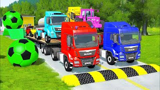 Double Flatbed Trailer Truck vs Speedbumps Train vs Cars BeamngDrive  Flatbed Trailer [upl. by Trilly]