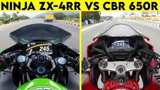 Kawasaki ZX4RR VS CBR 650R  0 TO 300  TOPSPEED CLOSE BATTLE [upl. by Nerty]