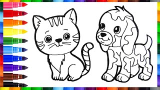 Dibuja y Colorea un Lindo Gatito y un Perrito 🐱🐶 Dibujos Para Niños  FunKeep [upl. by Shana]