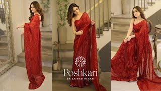 Poshkari Wedding Festive Chiffon Embroidered Unstitched Saree VELENTINA [upl. by Lleynod589]