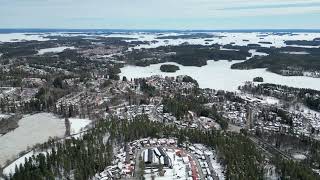 Flying over Southern Kuopio Petonen and Pyörönkaari citypart Finland 19423 [upl. by Elleuqar]