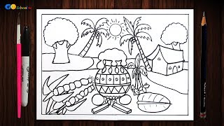 Easy Pongal Festival Drawing Competition for School Students  Pongal Landscape Drawing [upl. by Jesh895]