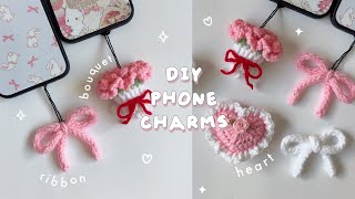 ♡ Crochet NoSew Cute Phone Charms Keychains Tutorial  Mini Ribbon Bouquet Coquette Heart ♡ [upl. by Mirella407]