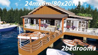 Wooden house design 24m x 6m  80x20ft1600ft2  on the river [upl. by Anilac]