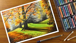 Oil pastel scenery  Step by step tree landscape oil pastel Drawing for beginners [upl. by Naffets561]