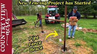 New Pasture Fence Installation has begun Welding Pipe Fence Brace amp Setting Posts [upl. by Okiek]