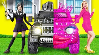 ROZE AUTO VS ZWARTE AUTO UITDAGING 💖🖤 Extreme Auto Makeover Gekke Hacks en Ideeën Door 123 GO [upl. by Sage]