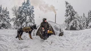 Caught in a Heavy Snowfall  Winter Camping in a Deep Snow Hot Tent Wood Stove Cold Weather [upl. by Gilberta]