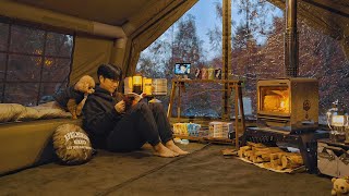 Inflatable Tent Camping with My Dog  Korean Ramen Rabokki  Wood Stove ASMR [upl. by Keenan]