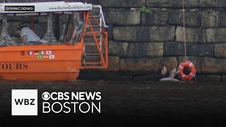 Duck boat comes to rescue of child and father after fall into Charles River [upl. by Anitnerolf]