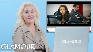 Christina Aguilera Watches Fan Covers On YouTube  Glamour [upl. by Mairim]