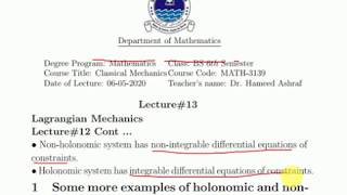 Lecture 13 Classical Mechanics Examples of holonomic and nonholonomic constraints [upl. by Eidorb]