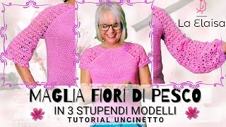 Maglia In Cotone Primaverile con maniche traforate Fiori di Pesco  tutorial uncinetto [upl. by Aviv533]