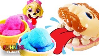 Feeding Mr Play Doh Head Kinetic Sand Sundaes Scoops amp Ice Cream Cones from Ice Cream Truck Set [upl. by Ahsikel]