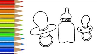 Drawing a Cute Pacifier  Baby milk bottle 👶🍼🔴🟢🌈Drawings for Kids [upl. by Elleynad]