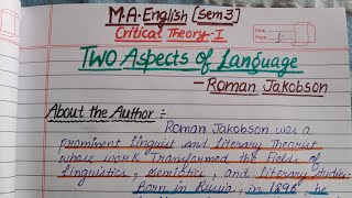 Two Aspects of Language  Roman Jakobson  Critical Theory 1 MA English Sem 3 [upl. by Naujuj]