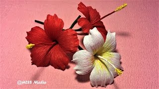 How to make beautiful origami hibiscus paper Flower crepe paper Flower making Craft paper tutorial [upl. by Annaid559]