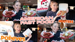 Trying AMERICAN Fast Foods I Have NEVER TRIED Jollibee PopEyes amp Hooters [upl. by Yretsym]