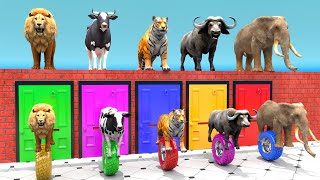 Cow Mammoth Elephant Tiger Buffalo Guess The Right Door ESCAPE ROOM CHALLENGE Animals Tire Game [upl. by Kalle]