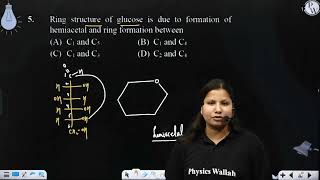 Ring structure of glucose is due to formation of hemiacetal and ring formation between [upl. by Norga]