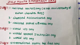 Important days of July  July month dates and days  July current affairs  important days in July [upl. by Aiel]