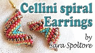 Tutorial Cellini spiral alternating zig zag  How to make earrings with beads  Peyote stitch [upl. by Adnolrehs]