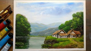 How to Paint a Lake near house landscape  Acrylic Painting [upl. by Zelle]