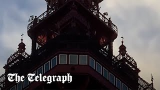 Blackpool Tower fire just orange netting in wind say police [upl. by Gnilsia]