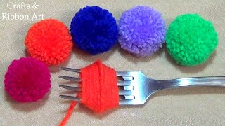 Super Easy Pom Pom Making Ideas with Fork  Hand Embroidery Amazing Trick Easy Woolen Flower Making [upl. by Kendall666]