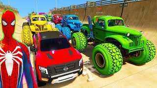 SPIDERMAN CARS Monster Trucks Mega Rampa Challenge  SUPERHERO HULK Iron Man Goku Racing  GTA V [upl. by Diarmid]