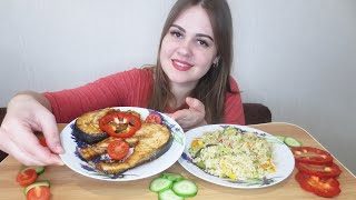 Мукбанг стейк лосося и ризотто с овощами Очень вкусно Болталка [upl. by Nylesoy]