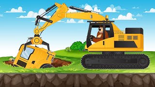 Bear Farm Repair of Sidewalk Excavator rescues Truck with Hydraulic Hammer  Vehicles Farm Animated [upl. by Ethe]