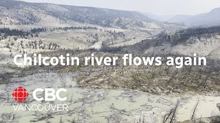 Water begins moving past landslide damming Chilcotin River [upl. by Nosydam]