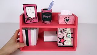 DIY Mini Barbie Cardboard Bookshelf Notebook Tissue box Pen holder Phone holder [upl. by Gnal]