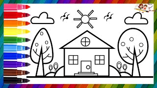 Draw a Easy House Trees Clouds Sun and Birds with Basic Shapes  Drawing amp Coloring for Kids [upl. by Aivax]