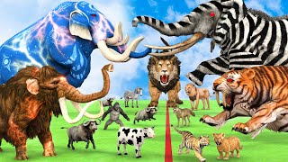 5 Giant Mammoth Elephant Cow vs 5 Giant Lion Tiger vs Hybrid Elephant Zebra Saved By Woolly Mammoth [upl. by Annoeik]