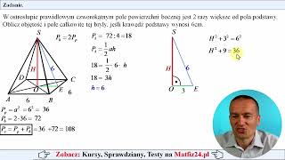 Obliczanie objętości i pola całkowitego w ostrosłupie prawidłowym czworokątnym  MatFiz24pl 👈 [upl. by Nitneuq]