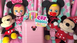 Cry baby dolls Mickey and Minnie packing diaper bag and suitcase for Grandmas house 👵🏼 [upl. by Gredel]