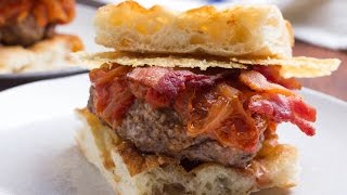 Recipeof Amatriciana Burgers With Tomato Onion Jam Bacon and Pecorino Romano Crisps [upl. by Navonod]