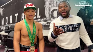 Floyd Mayweather celebrates backstage with Curmel Moton after Curmels first round KO in pro debut [upl. by Araic]