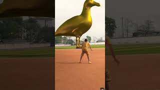 Boy kicks ball smashes the Golden statue of flat billed duck on the playground ❤️❤️❤️❤️❤️🥰🥰🥰🥰 [upl. by Ekusoyr]