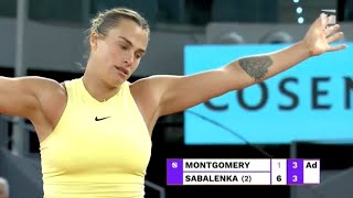 SABALENKAS CRAZY RETURN MAKES EVERYONE LAUGH MADRID OPEN ROUND 3 VS MONTGOMERY APRIL 28 2024 [upl. by Agnizn]