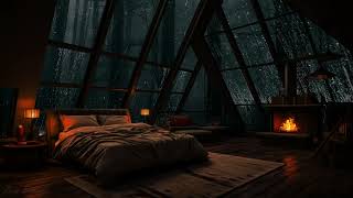 Heavy Rain Storm outside a Cozy Attic Bedroom w Burning Firewood🔥 Rain Sounds for Sleeping 💤 [upl. by Kariv]