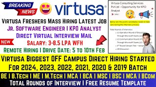 Virtusa Biggest Hiring 2024  2023  20222018 Batch  Direct Interview Mail Update  Salary 38 LPA [upl. by Mcintyre]