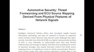 Automotive Security Threat Forewarning and ECU Source Mapping Derived From Physical Features of Netw [upl. by Switzer999]