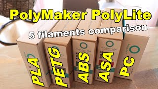 Ultimate comparison Polymaker PolyLite filaments PLA PETG ABS ASA PC [upl. by Cavil]