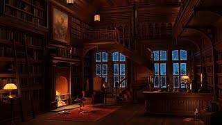 Winter Bookstore Ambience with Muffled Jazz Music Playing Slowly and Crackling Fireplace [upl. by Acirderf456]